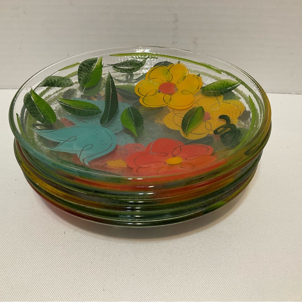 Vintage Reverse Hand-Painted Flowers Textured Glass Plate Made in Italy 8 Inch - Picture 6 of 6